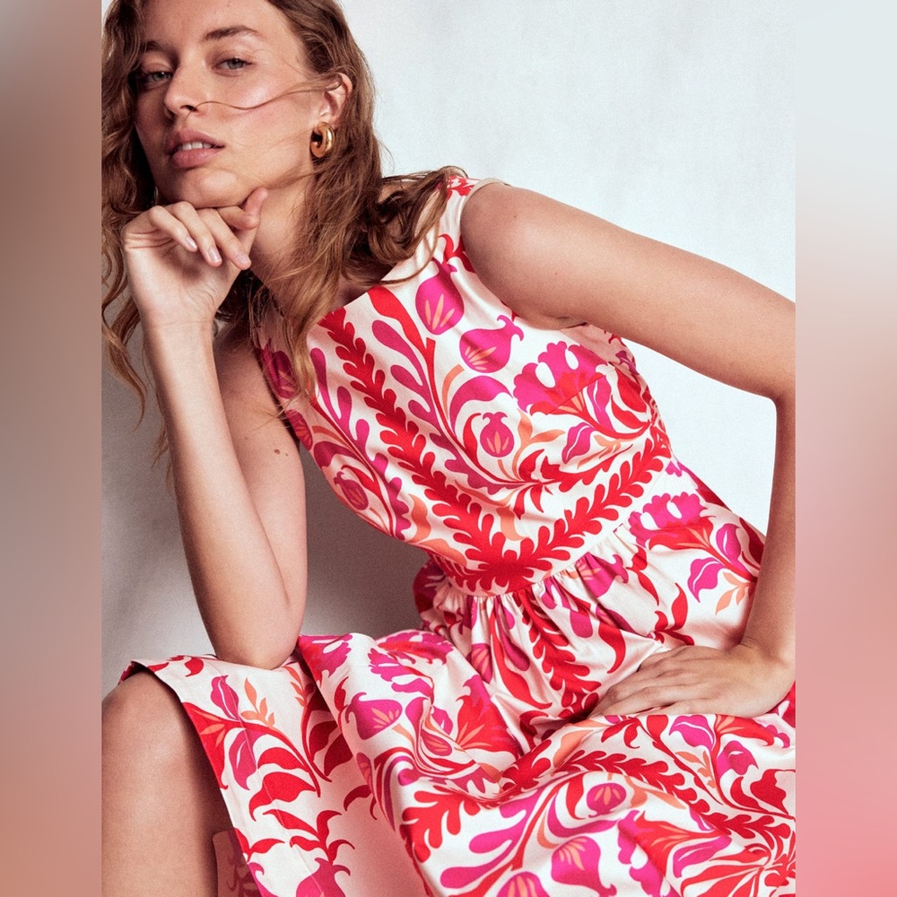 Lauren Cotton Midi Dress-Poppy Red, Elaborate Flora